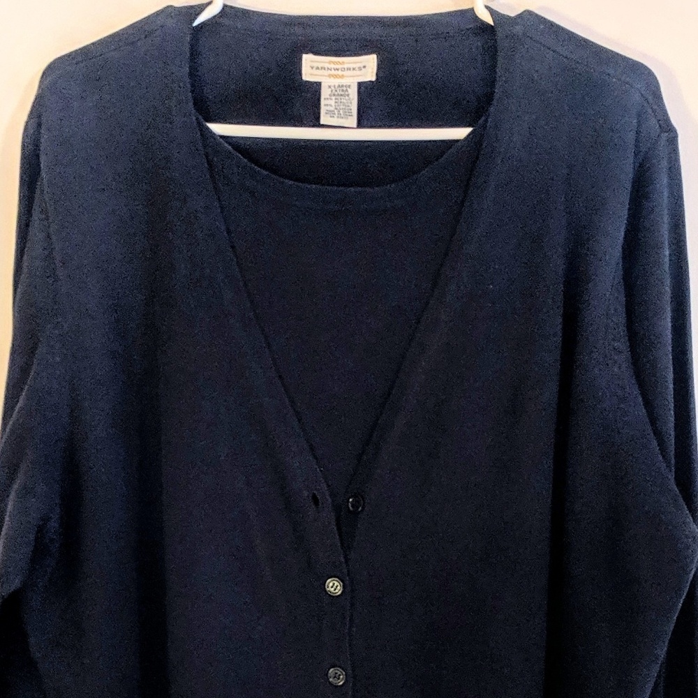 Yarn Works Twin Attached Set Black Cotton Knit Sweater Top XL